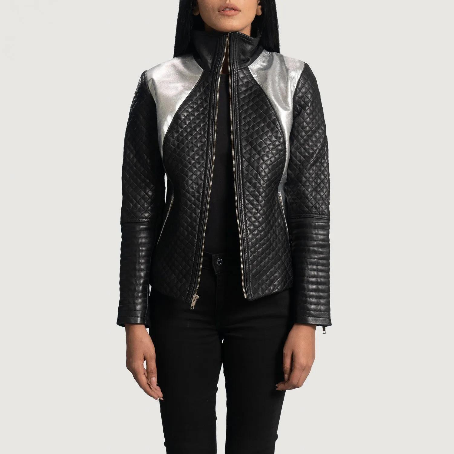 Alia Metallic Black Leather Biker Jacket