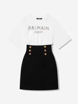 Balmain Girls Buttoned T-Shirt Dress in White