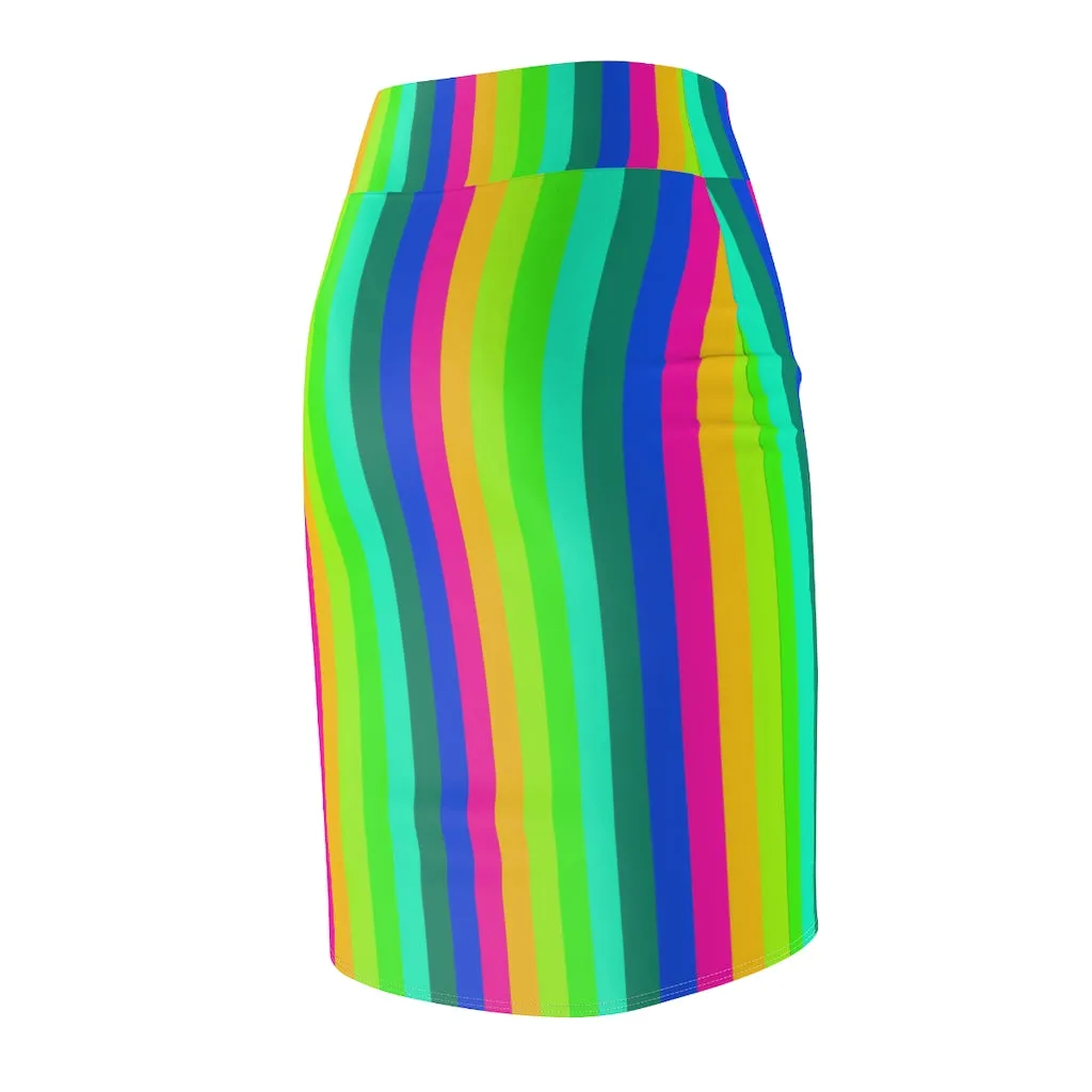 Best Rainbow Women's Pencil Skirt, Vertical Gay Prides Stripes Mid Waist Skirts For Women-Made in USA