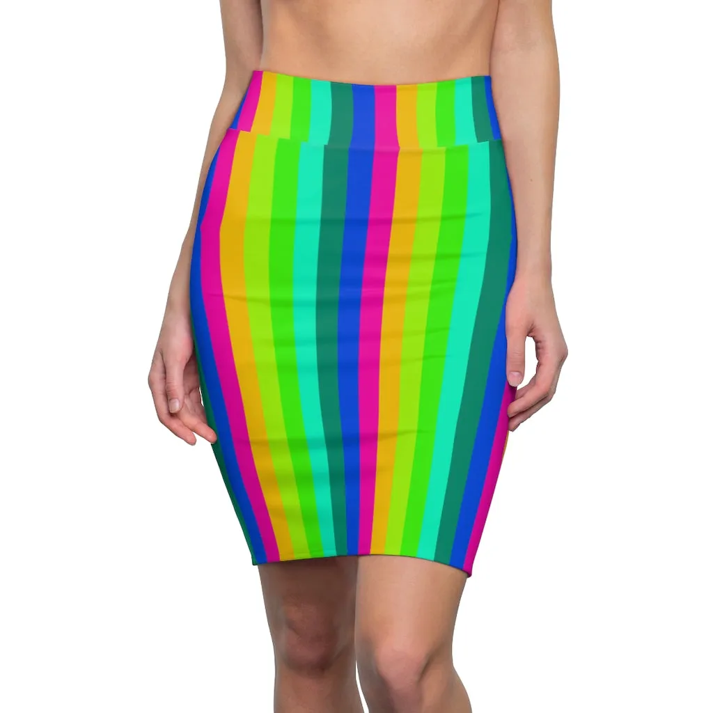 Best Rainbow Women's Pencil Skirt, Vertical Gay Prides Stripes Mid Waist Skirts For Women-Made in USA