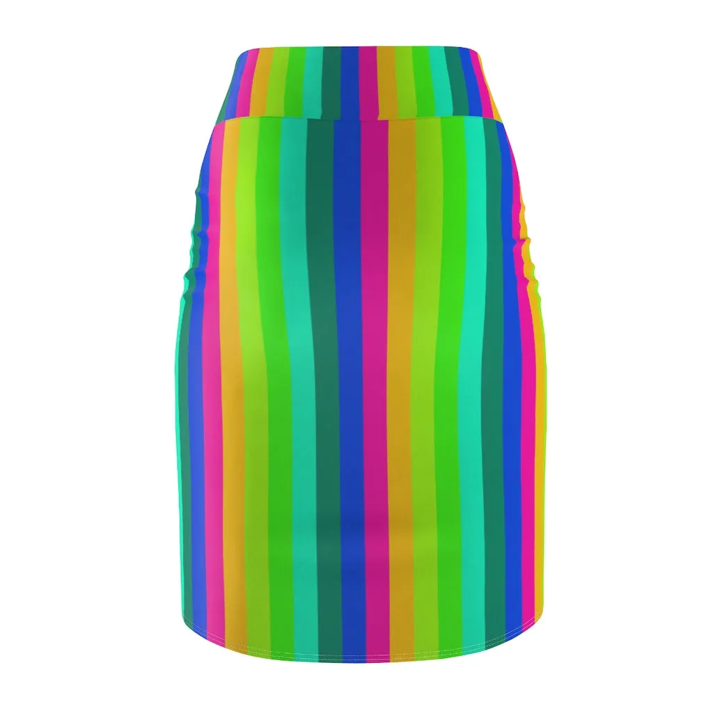 Best Rainbow Women's Pencil Skirt, Vertical Gay Prides Stripes Mid Waist Skirts For Women-Made in USA