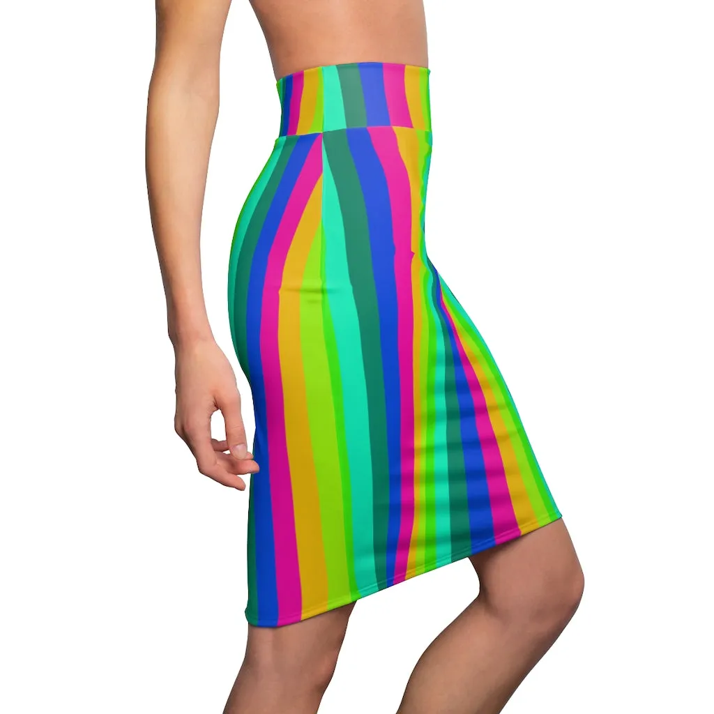 Best Rainbow Women's Pencil Skirt, Vertical Gay Prides Stripes Mid Waist Skirts For Women-Made in USA