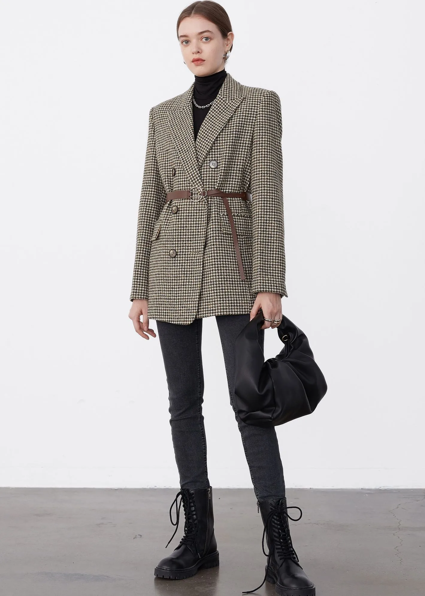 Brown Houndstooth Double Breasted Wool Blend Blazer