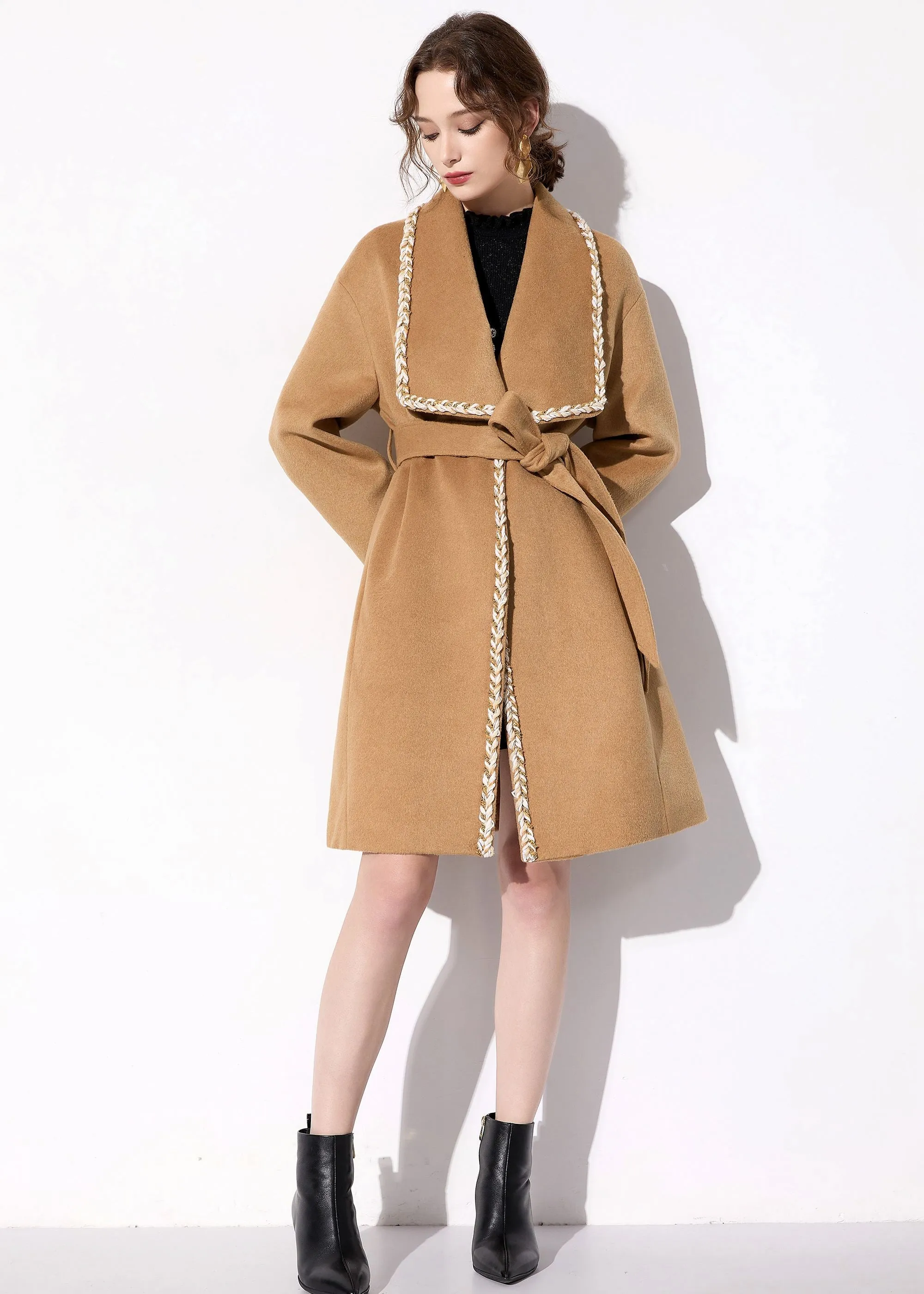 Camel Wool Blend Wrap Belted Coat