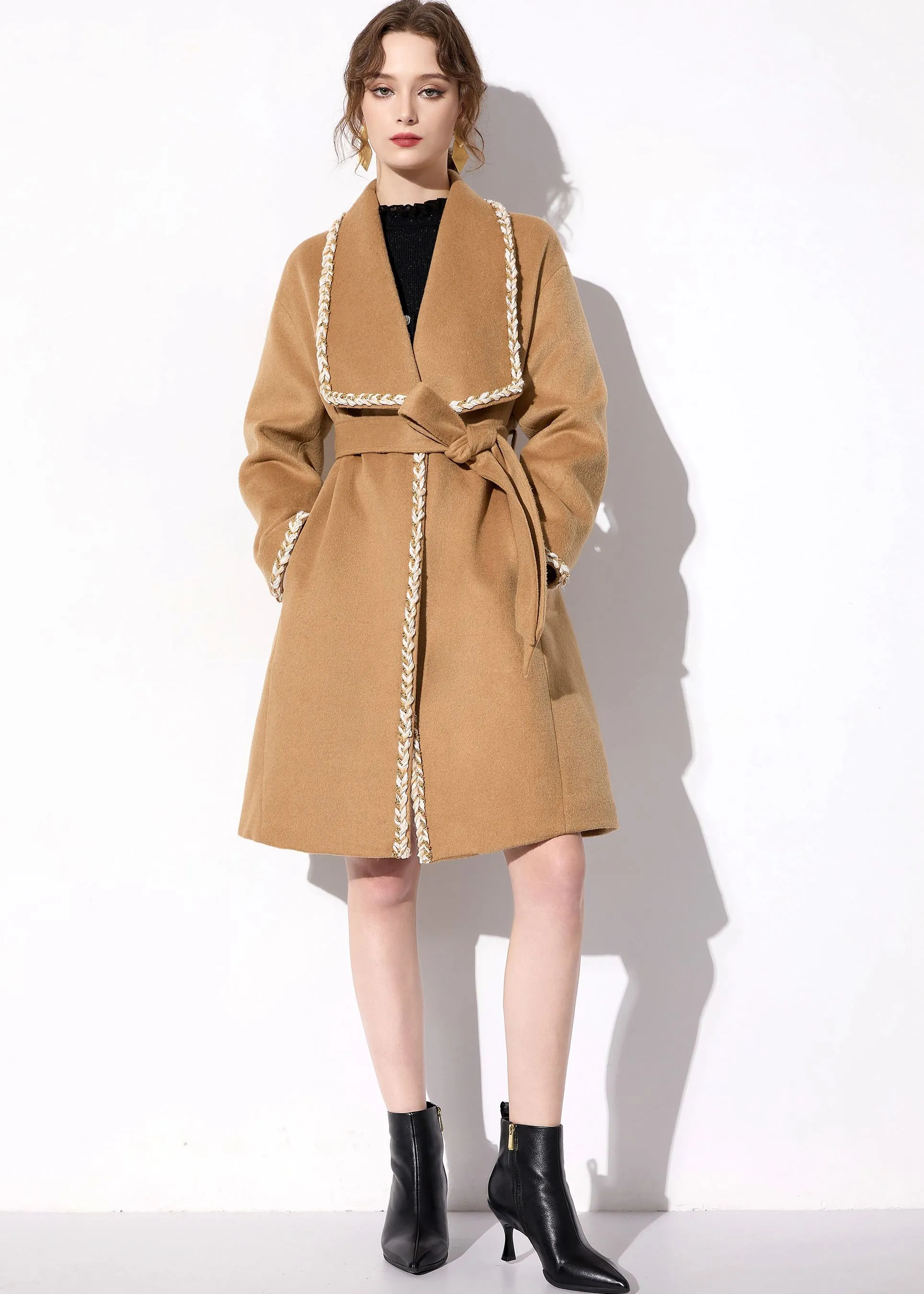 Camel Wool Blend Wrap Belted Coat