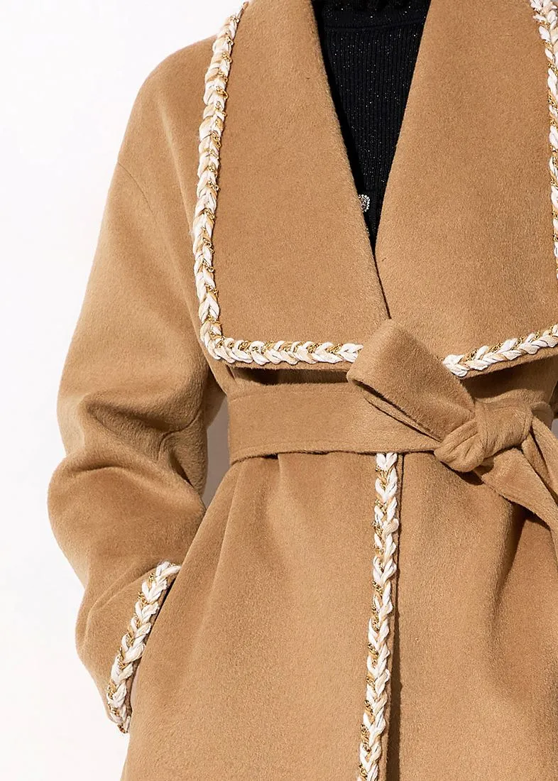 Camel Wool Blend Wrap Belted Coat