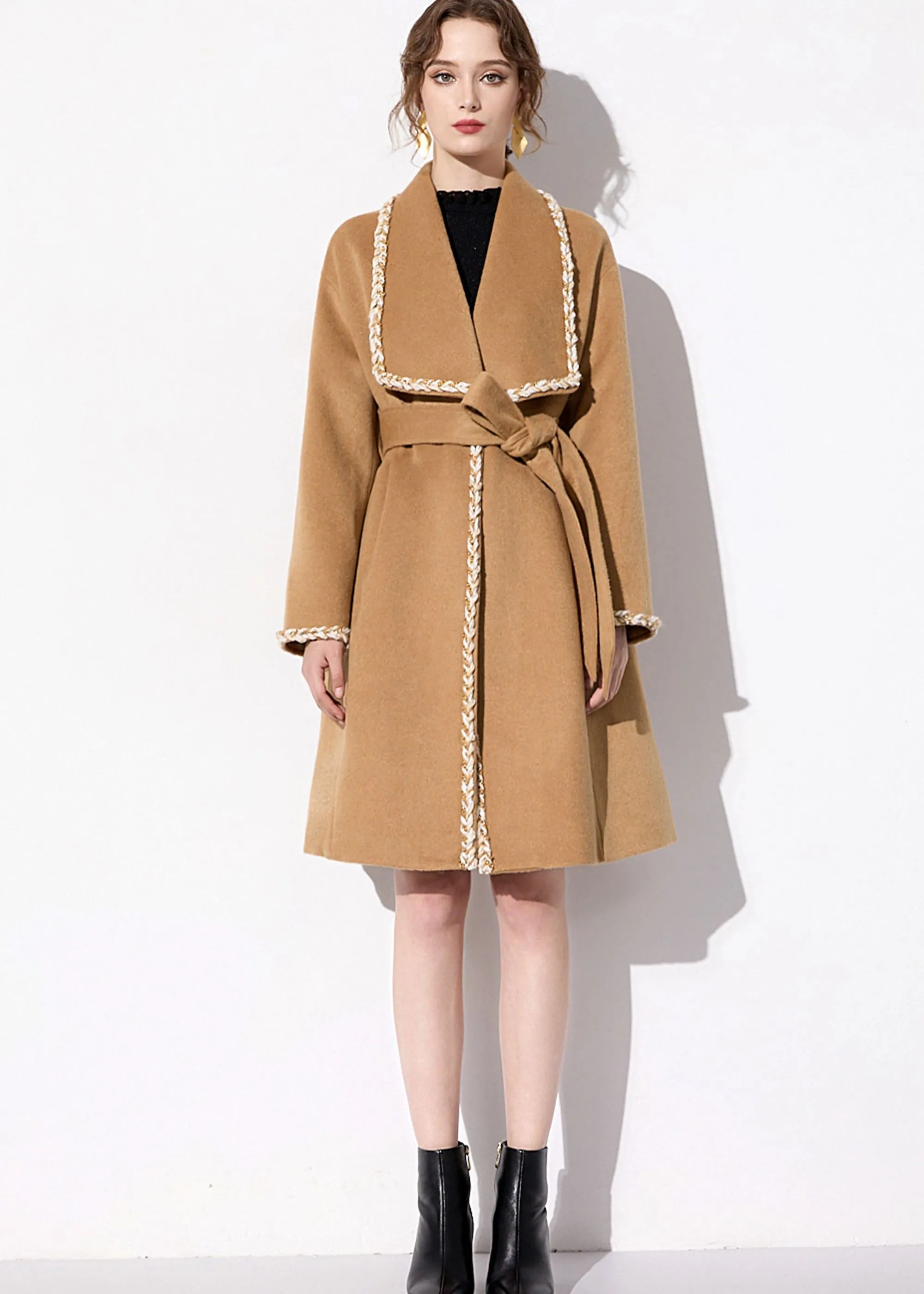 Camel Wool Blend Wrap Belted Coat