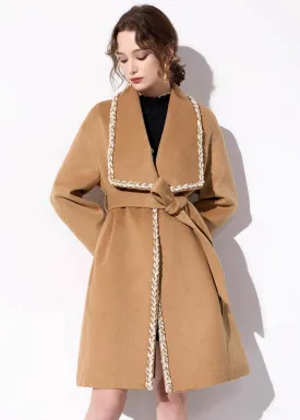 Camel Wool Blend Wrap Belted Coat