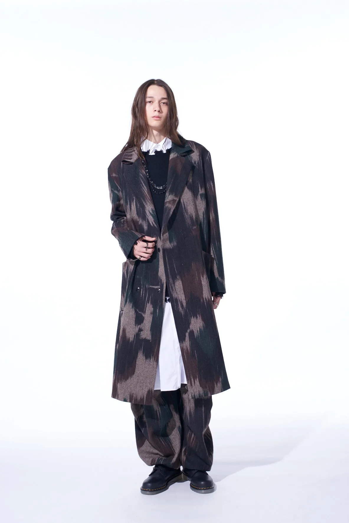 CAMOUFLAGE TWEED DOUBLE-BREASTED SNAP BUTTON LONG COAT