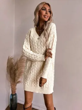 Carla Chunky Knit Creme V deep Neck Jumper Dress