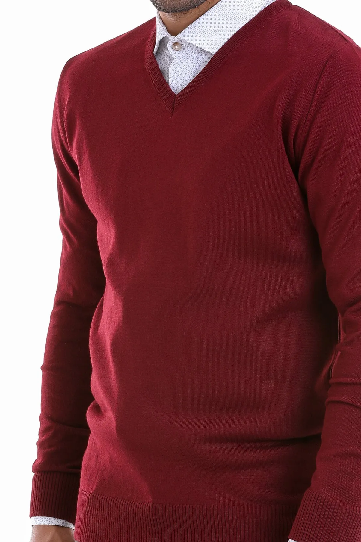 Comfort Fit Wool Blend Burgundy V-Neck Sweater