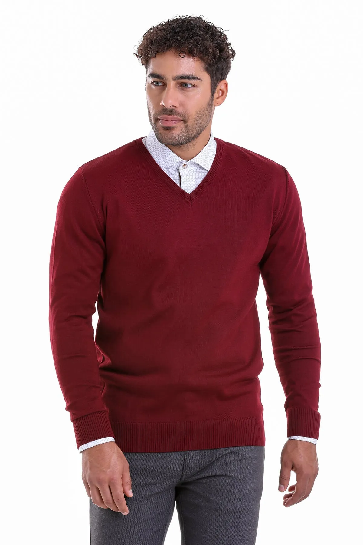 Comfort Fit Wool Blend Burgundy V-Neck Sweater