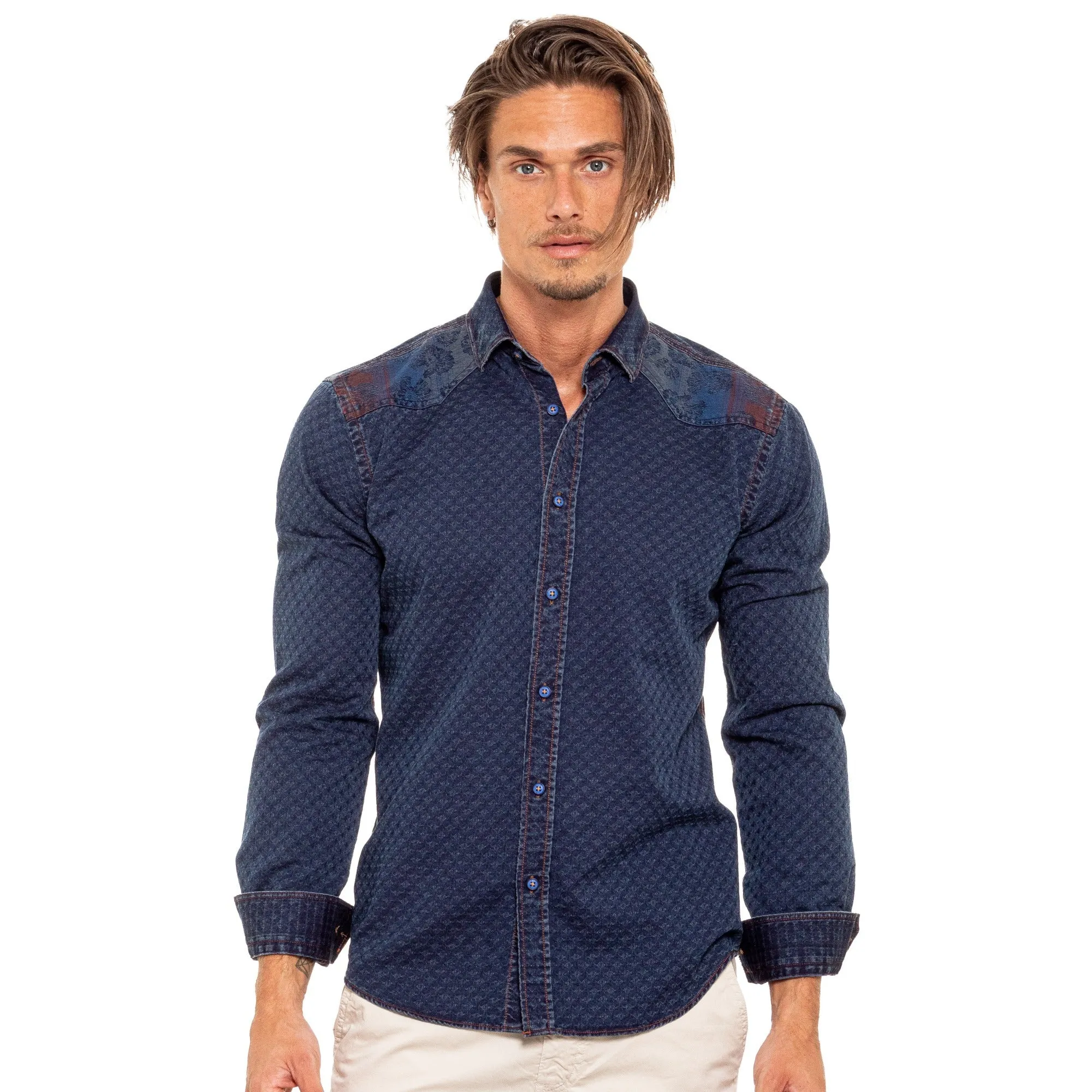 Copper Stitch Denim Jacquard Button Down Shirt - Floral Special