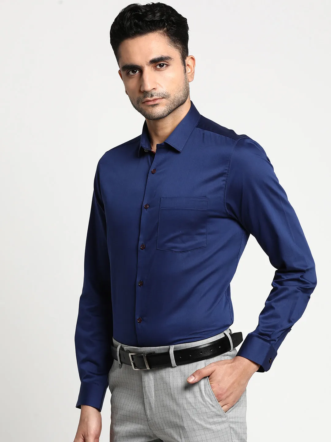 Cotton Navy Blue Slim Fit Solid Formal Shirt