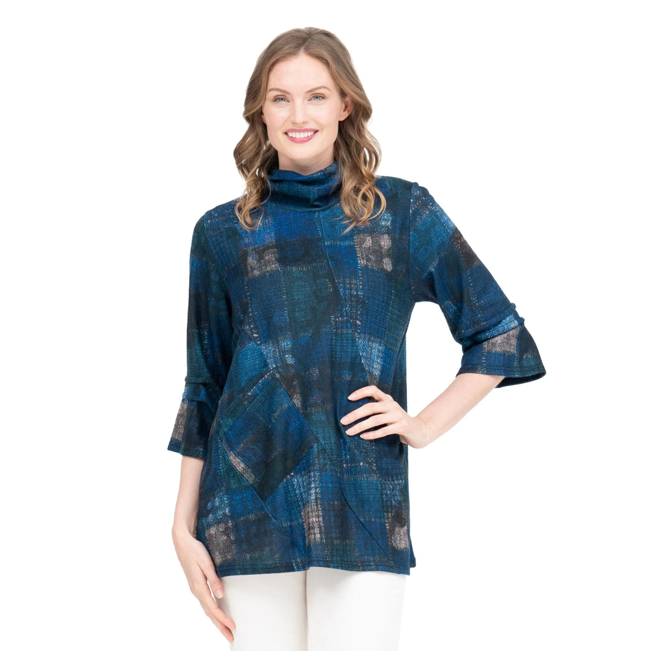 Damee Multi Plaid Sweater Knit Tunic in Blue/Beige - 9217