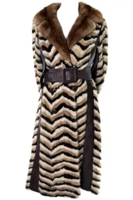 Donald Brooks 1960s Boutique Chevron Mink Fur and Leather Vintage Coat