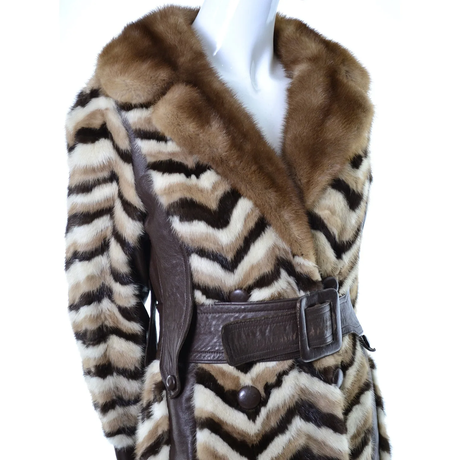 Donald Brooks 1960s Boutique Chevron Mink Fur and Leather Vintage Coat