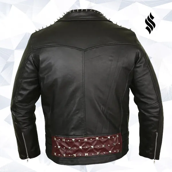 Edgy Black Leather Biker Jacket with Red Quilted Lining