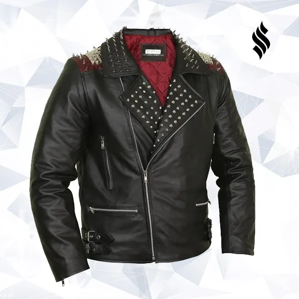 Edgy Black Leather Biker Jacket with Red Quilted Lining