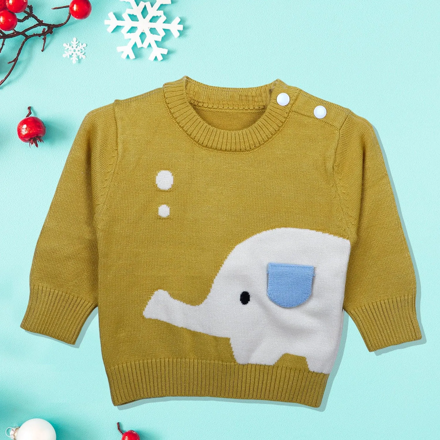 Elephant With 3D Ear Premium Full Sleeves Knitted Sweater - Mustard