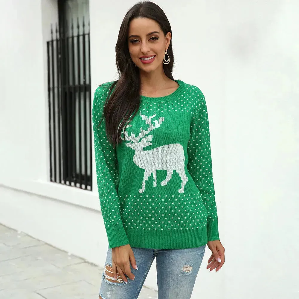 Fawn Reindeer jacquard christmas sweater Round neck women