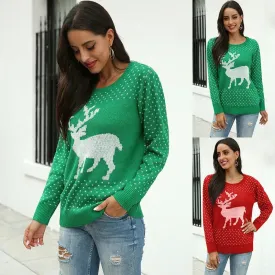 Fawn Reindeer jacquard christmas sweater Round neck women