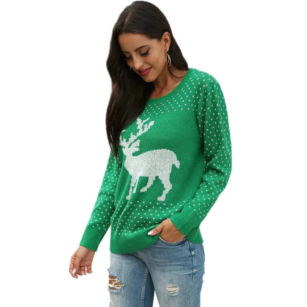 Fawn Reindeer jacquard christmas sweater Round neck women