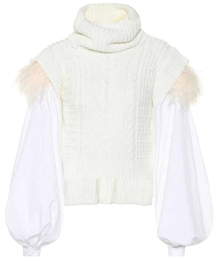 Feather Trim Puff-Sleeve Turtleneck Sweater