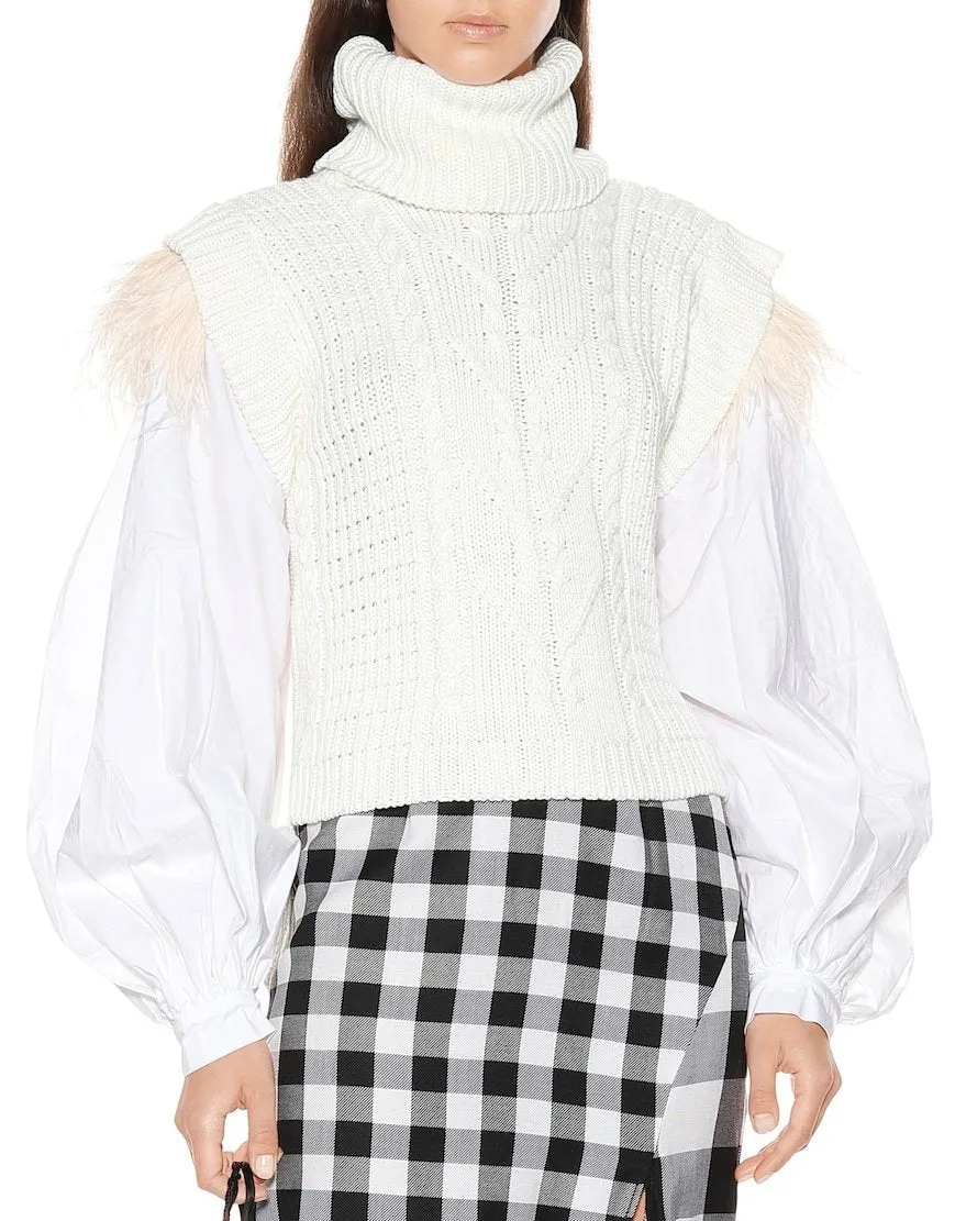 Feather Trim Puff-Sleeve Turtleneck Sweater