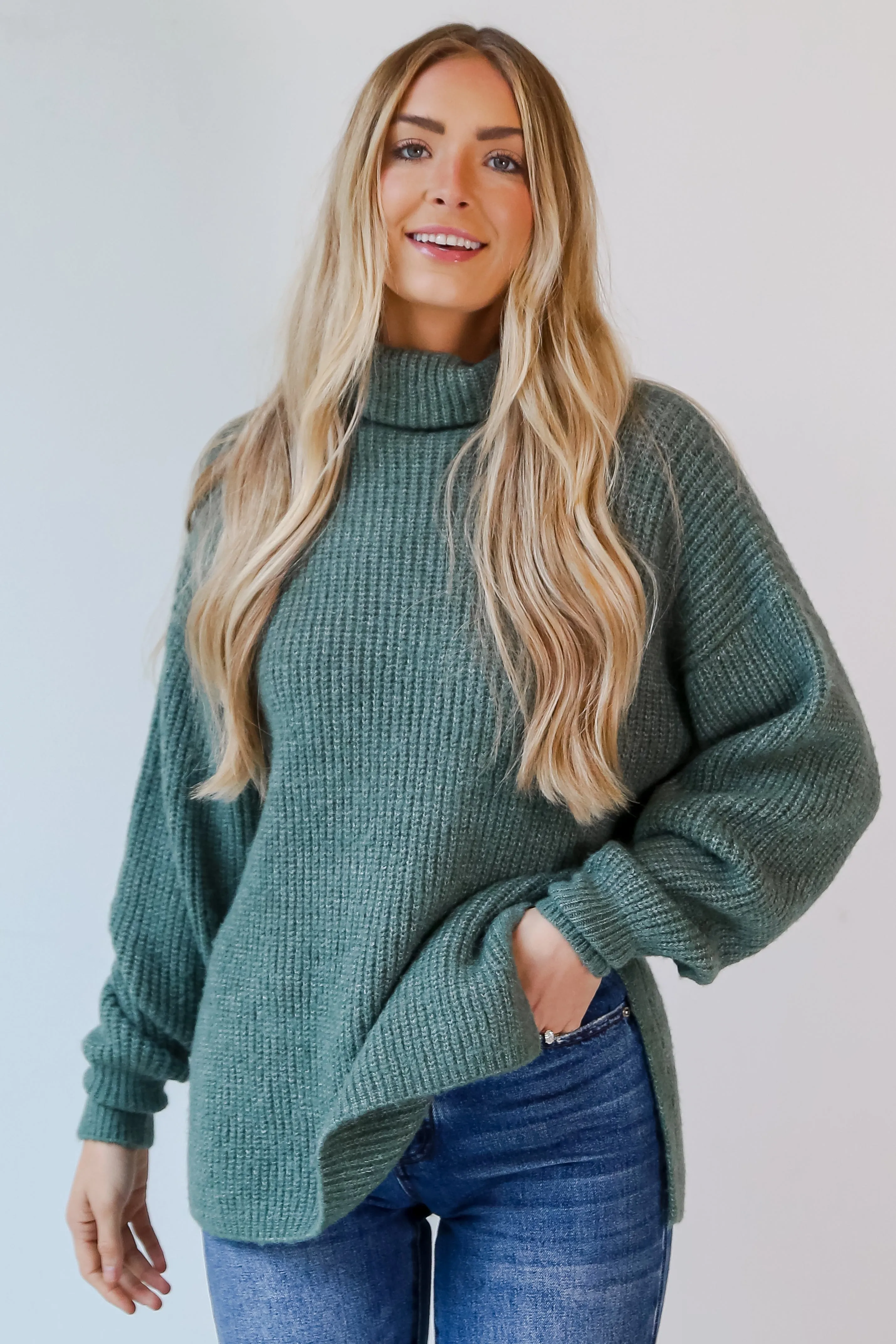 FINAL SALE - Stay Right There Sage Turtleneck Oversized Sweater