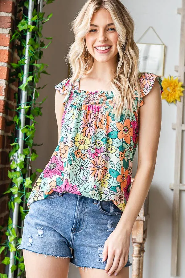 Floral Ruffle Sleeve Tank