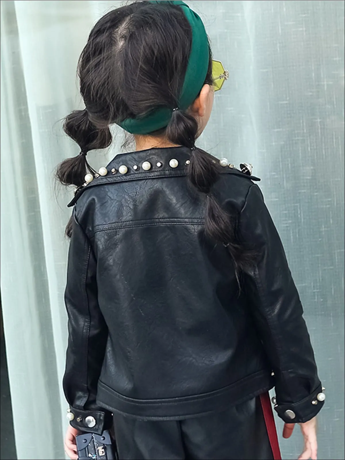 Girls Black Synthetic Leather Pearl Studded Jacket