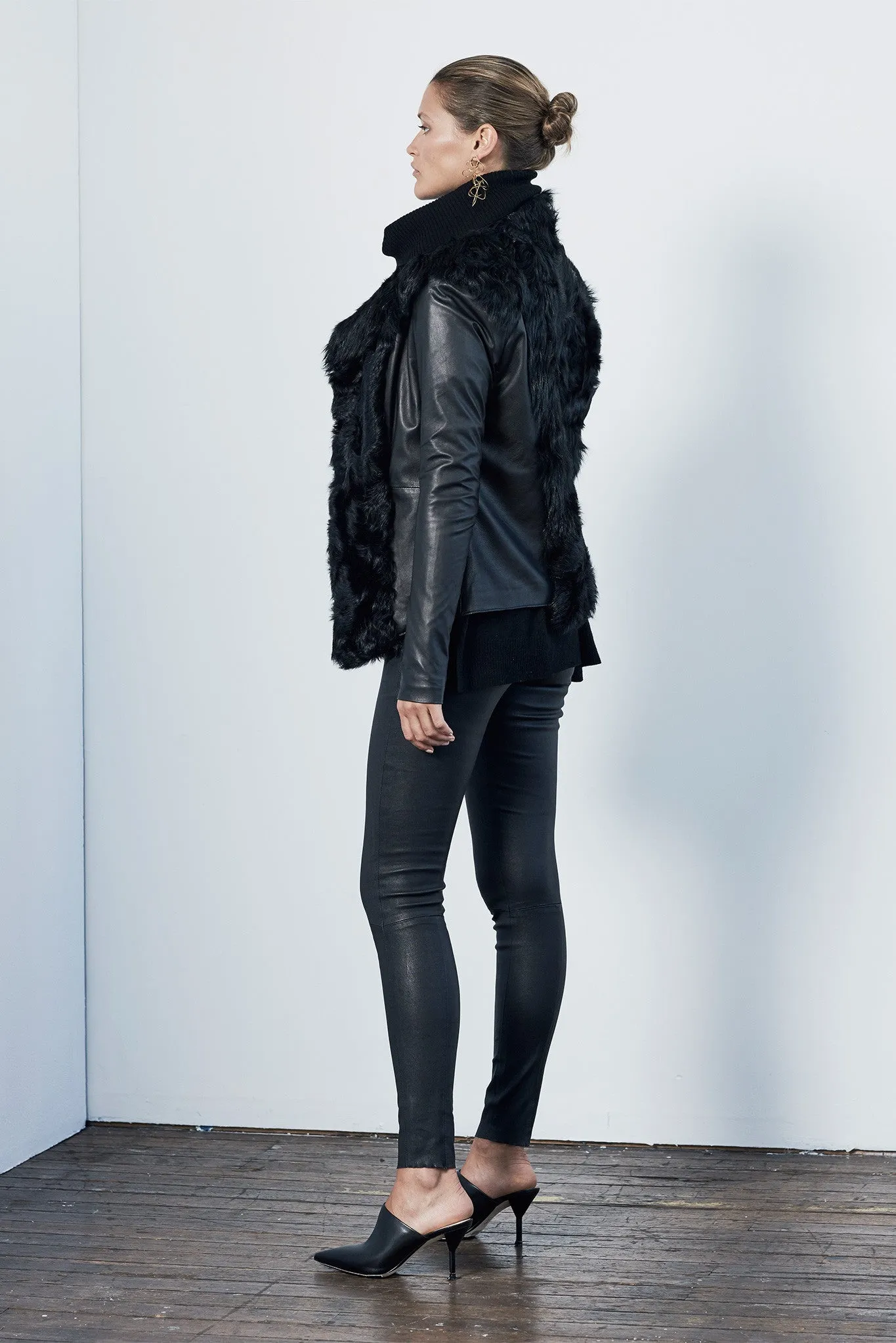 Isabella on Columbus Drape Jacket in Italian Shearling & Black Leather