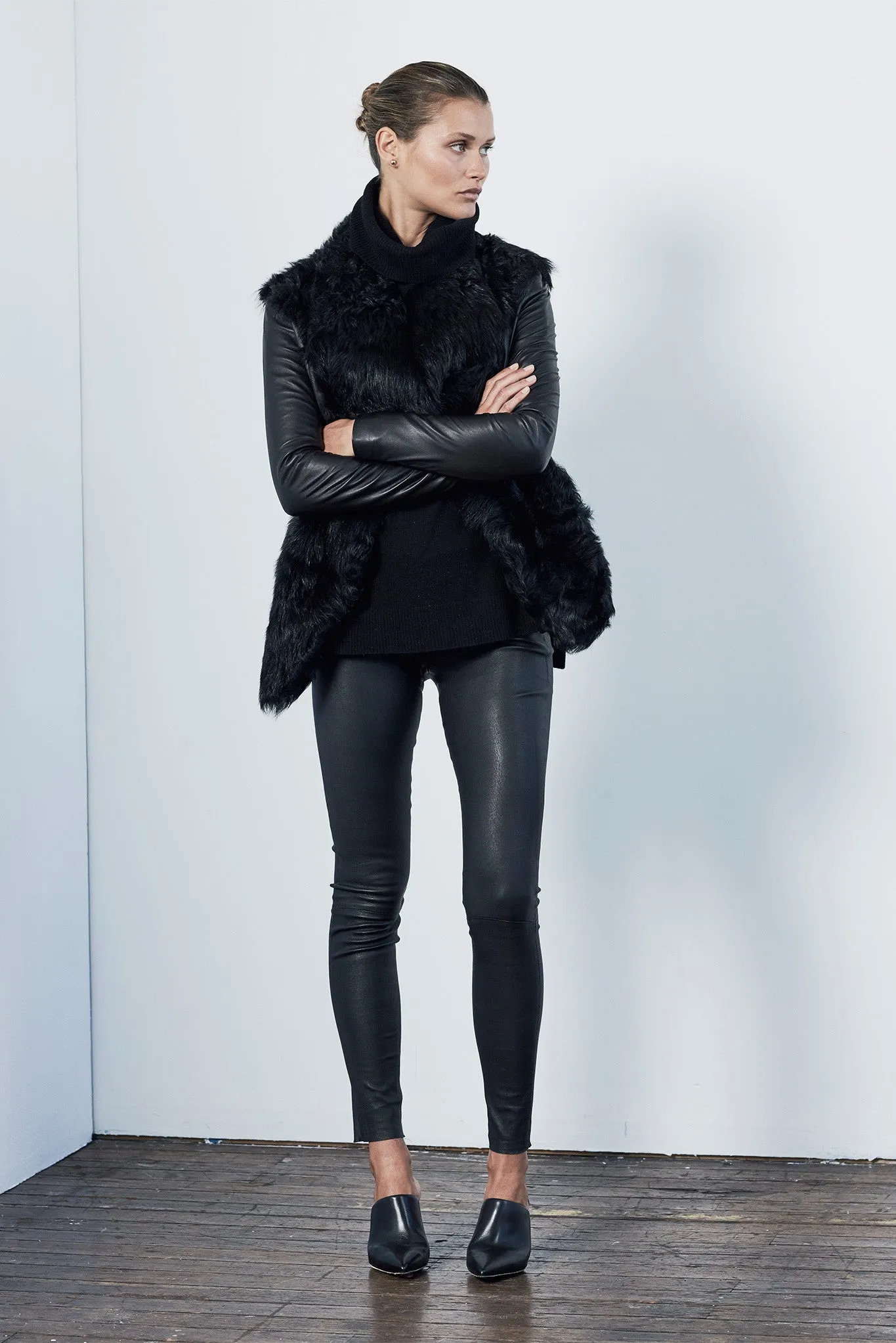 Isabella on Columbus Drape Jacket in Italian Shearling & Black Leather