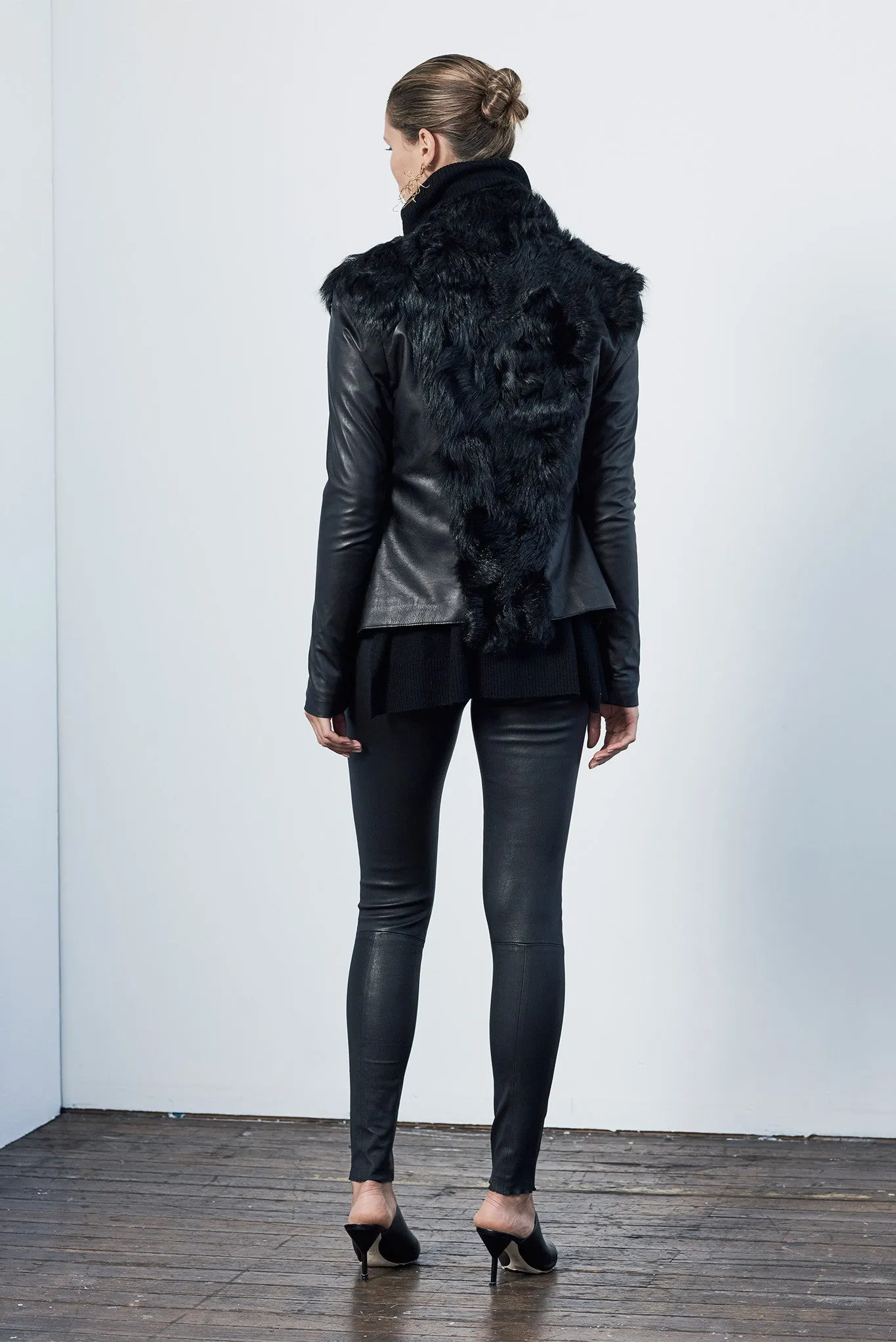 Isabella on Columbus Drape Jacket in Italian Shearling & Black Leather