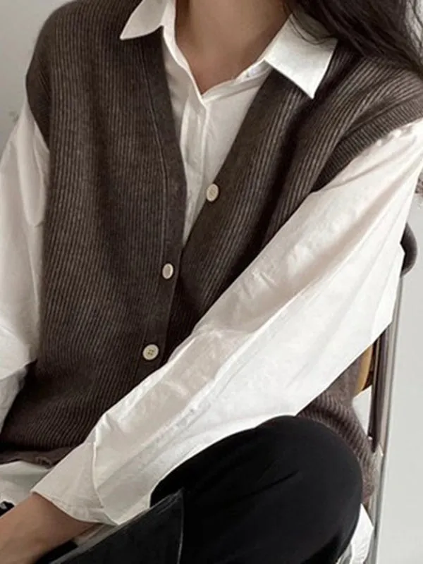 Loose Sleeveless Buttoned V-neck Knitwear Vest Outerwear