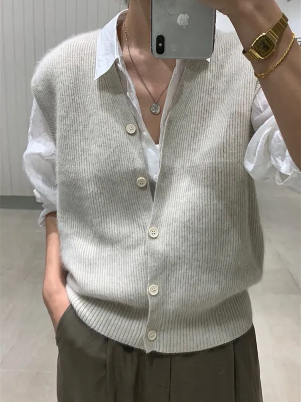 Loose Sleeveless Buttoned V-neck Knitwear Vest Outerwear