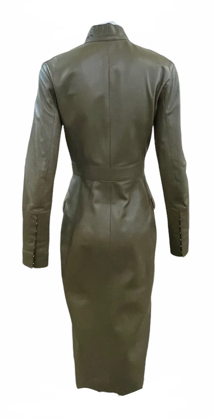 Louis Vuitton Olive Green Leather Coat Dress