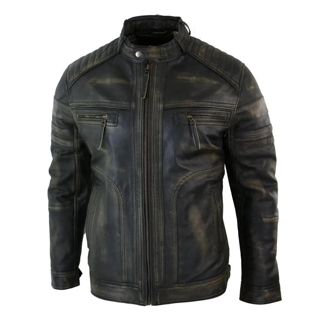 Mens Black Brown Vintage Biker Real Leather Jacket Distressed Zipped Casual