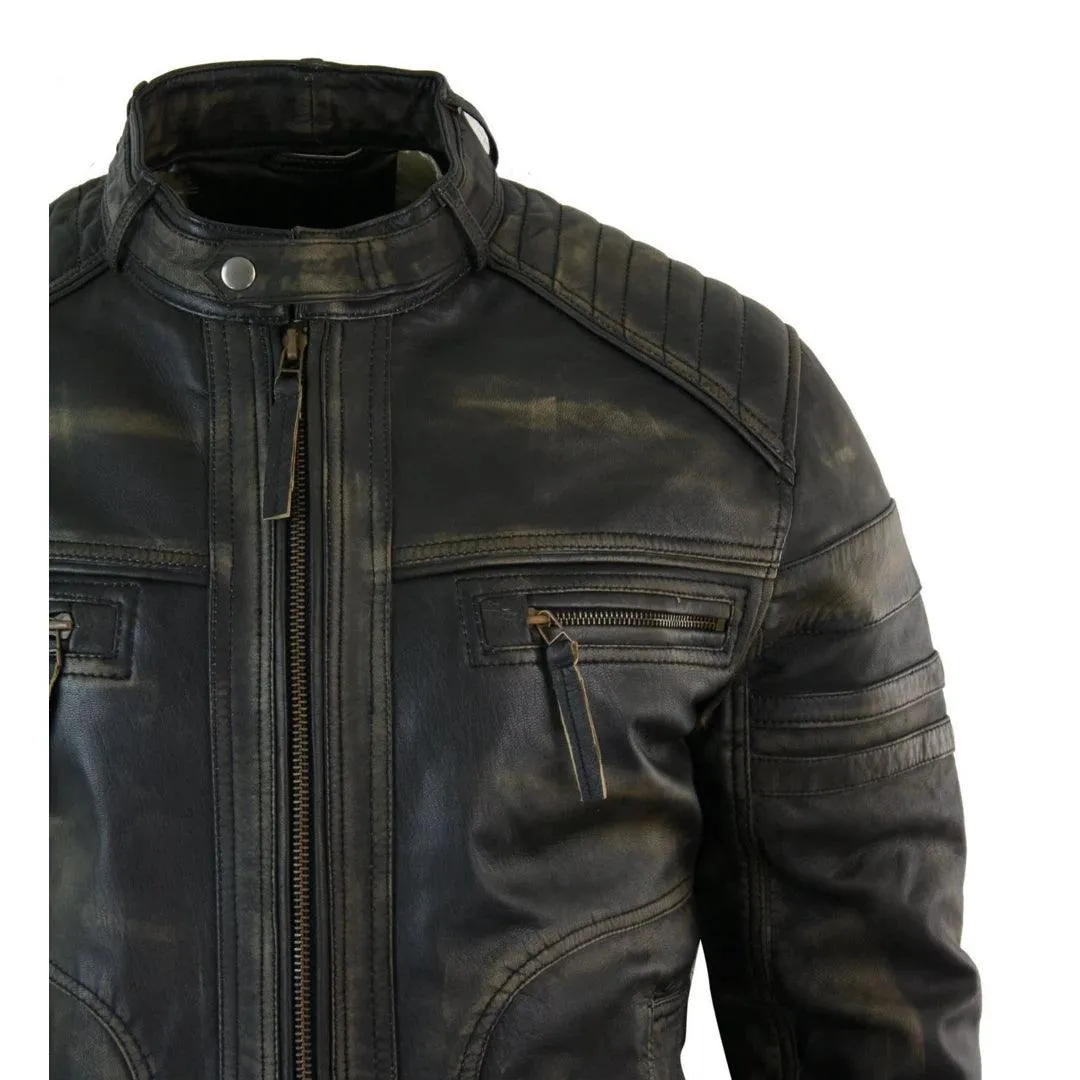 Mens Black Brown Vintage Biker Real Leather Jacket Distressed Zipped Casual