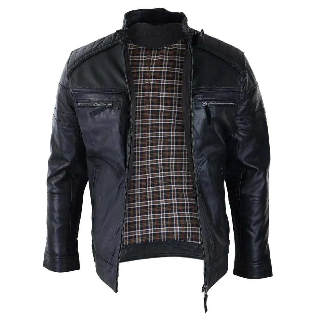 Mens Black Brown Vintage Biker Real Leather Jacket Distressed Zipped Casual