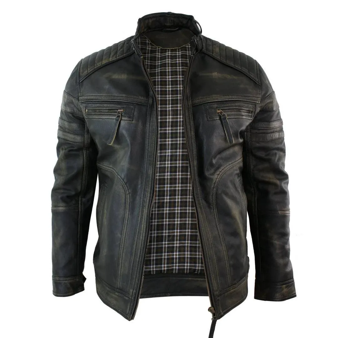 Mens Black Brown Vintage Biker Real Leather Jacket Distressed Zipped Casual