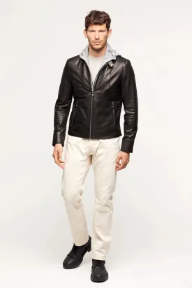 Mens black leather jacket with hood