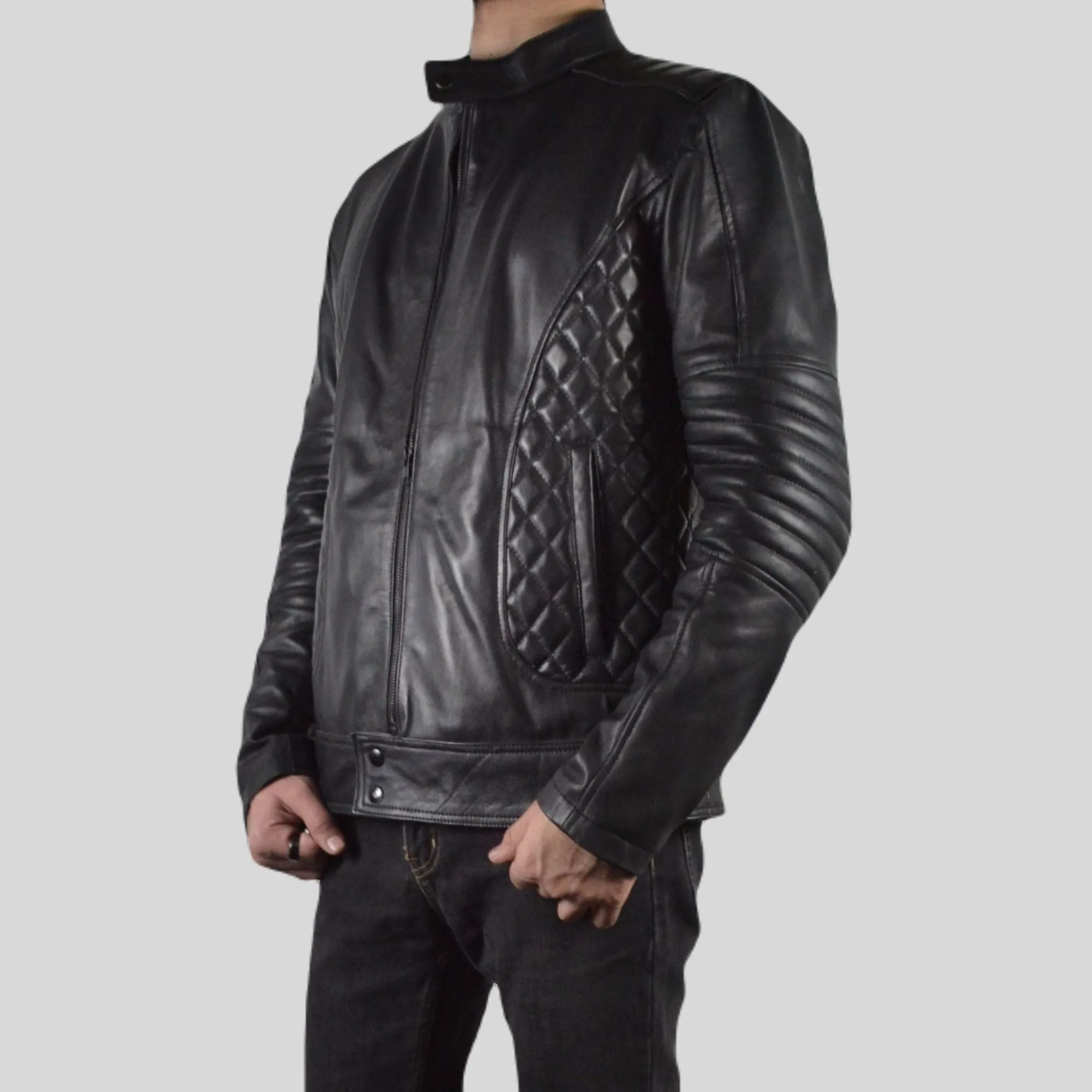 Men's Black Padded Quilted Design Motorcycle Biker Geniune Leather Jacket