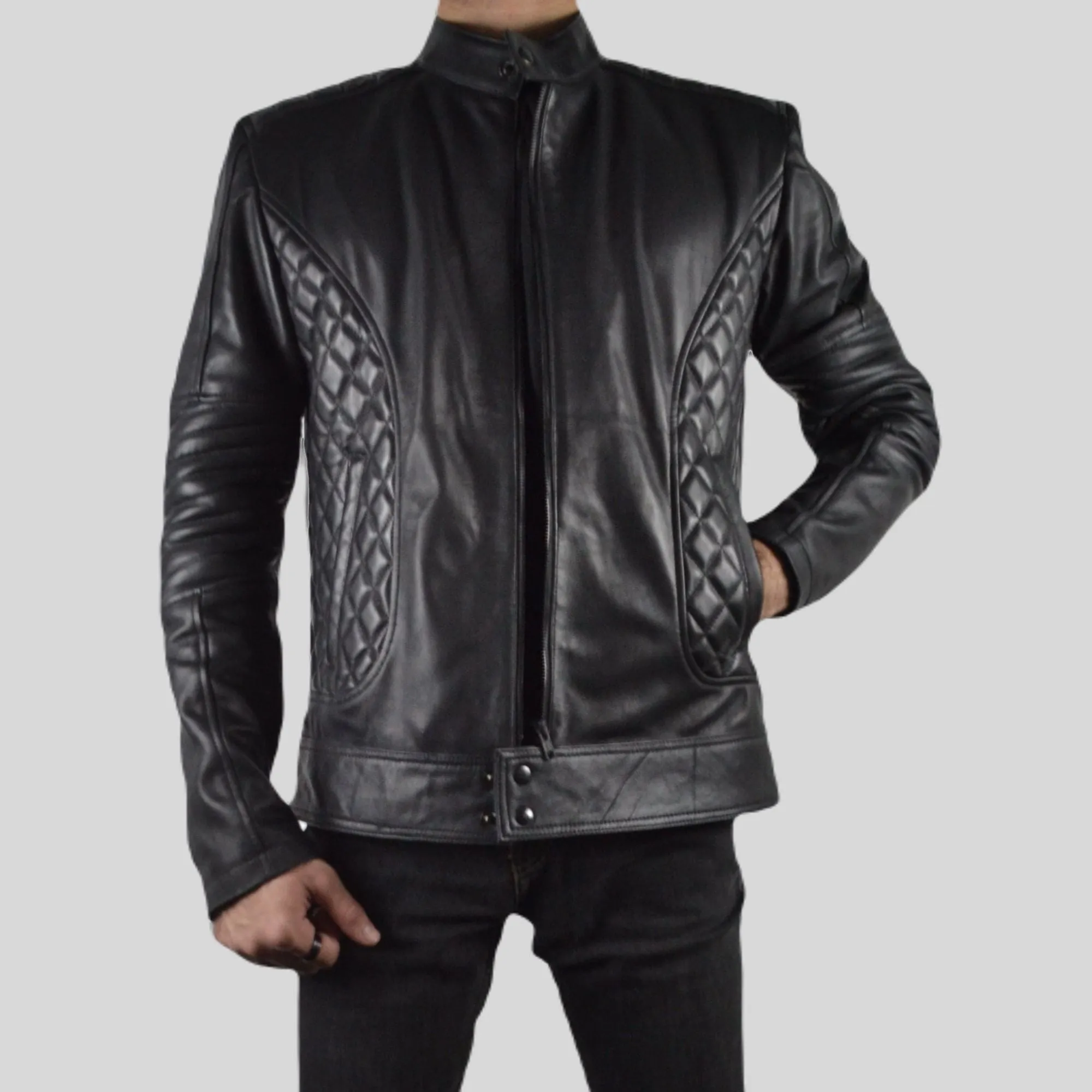 Men's Black Padded Quilted Design Motorcycle Biker Geniune Leather Jacket