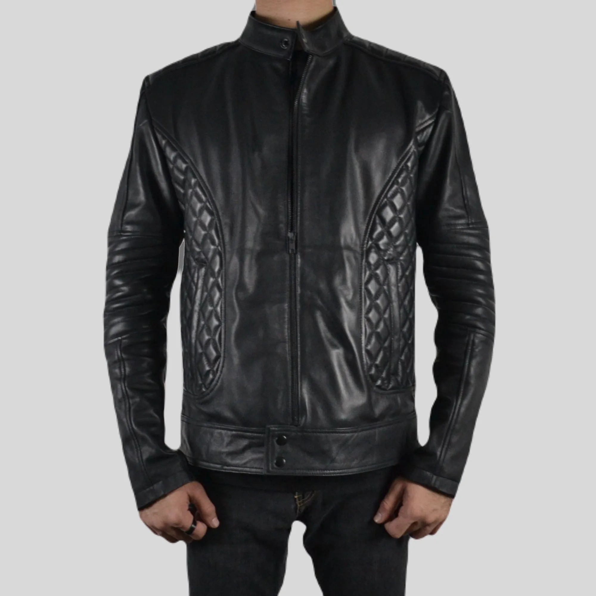 Men's Black Padded Quilted Design Motorcycle Biker Geniune Leather Jacket