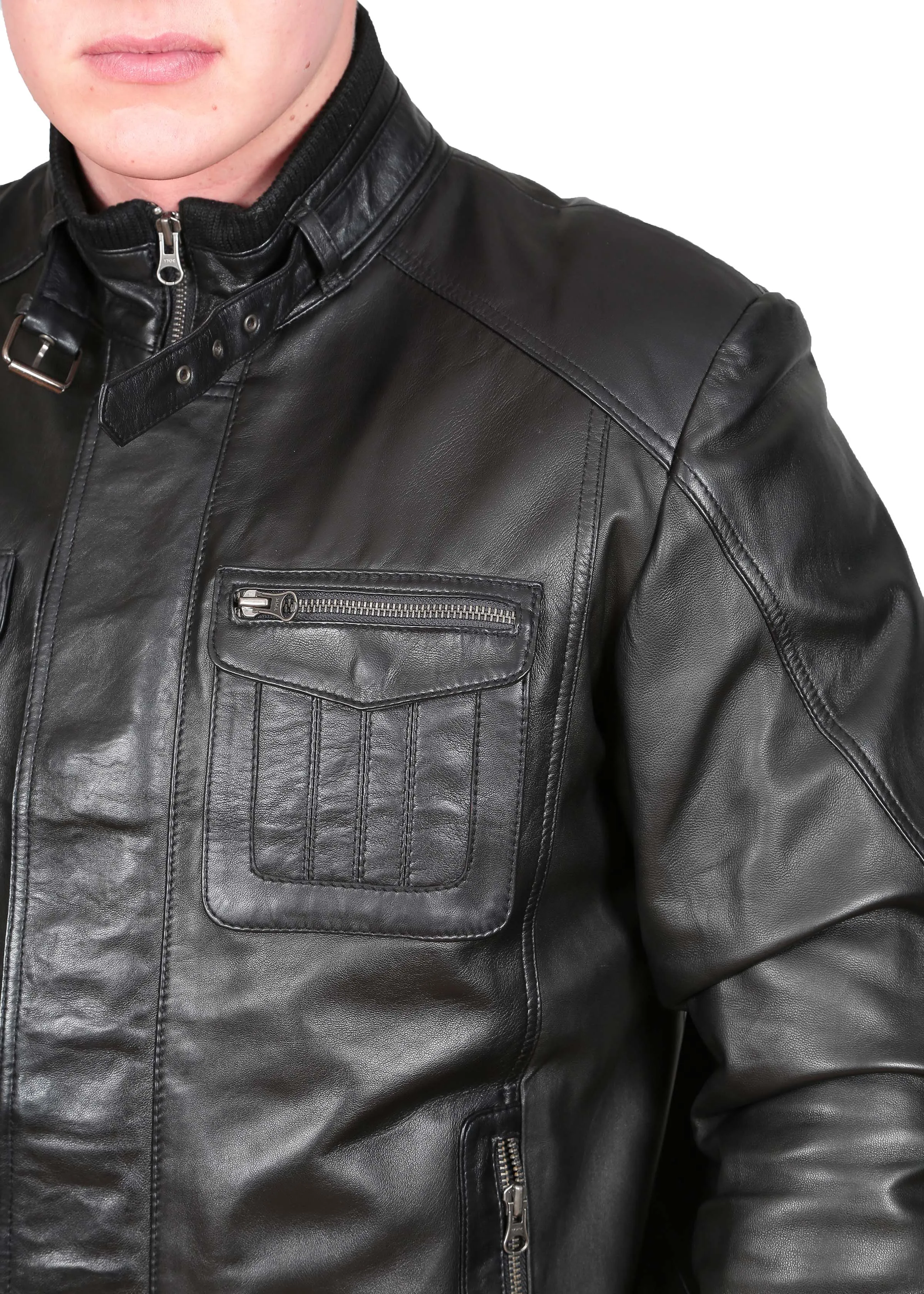 Mens Bomber Soft Leather Jacket Zip Fasten Ryan Black