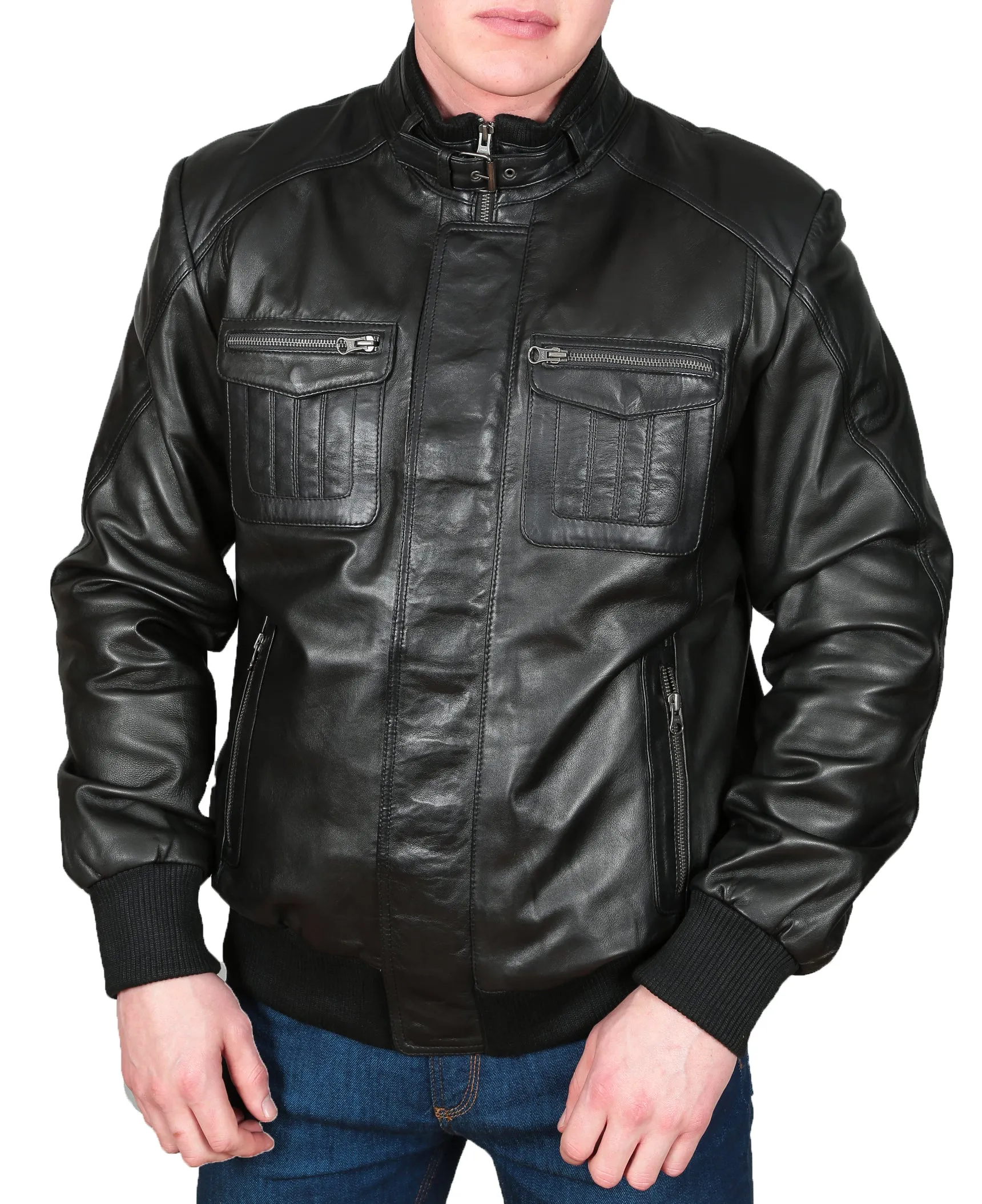 Mens Bomber Soft Leather Jacket Zip Fasten Ryan Black