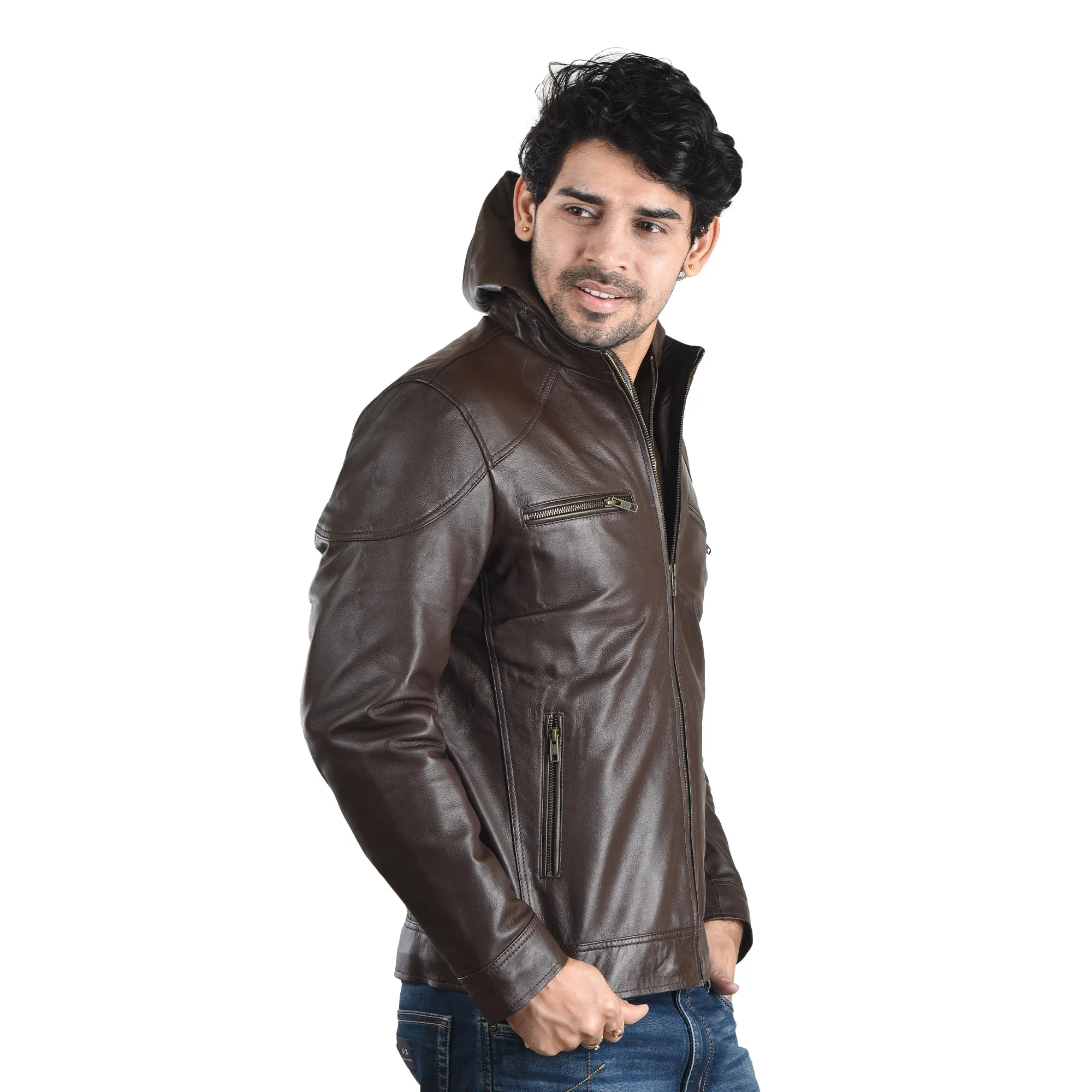 MENS LEATHER HOODED JACKET 41013 (BROWN)