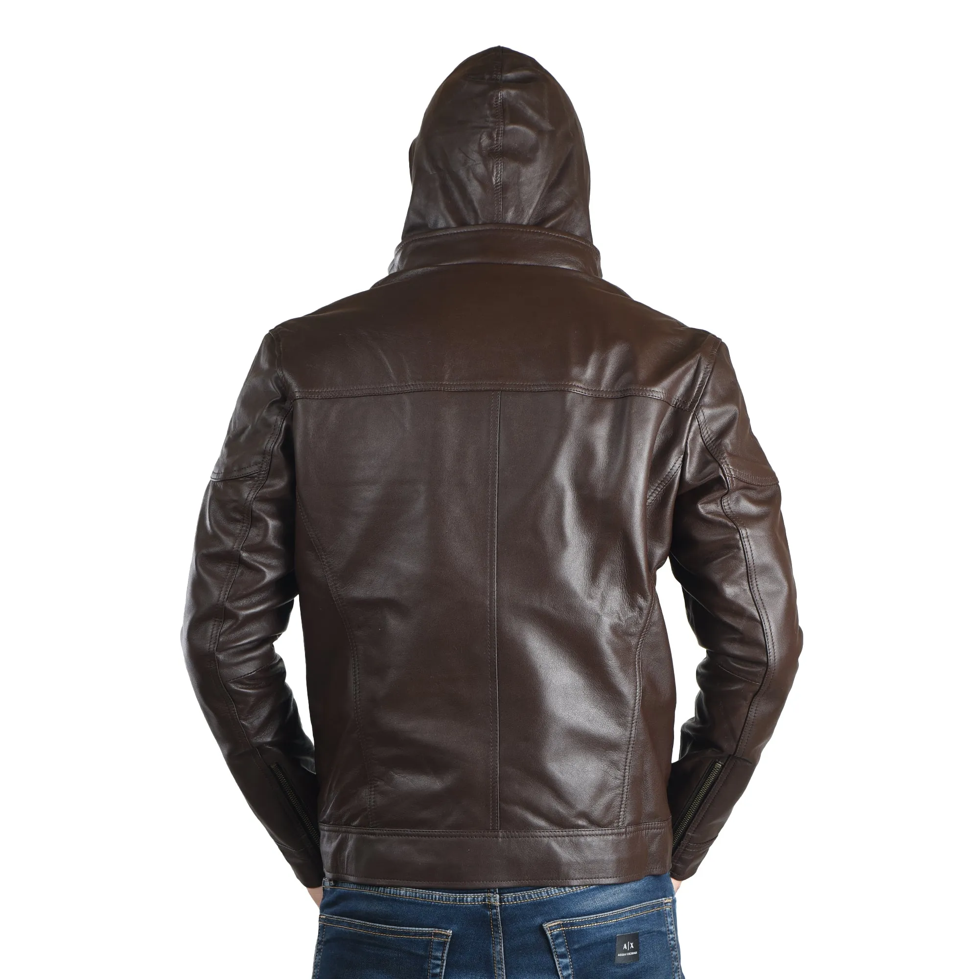 MENS LEATHER HOODED JACKET 41013 (BROWN)